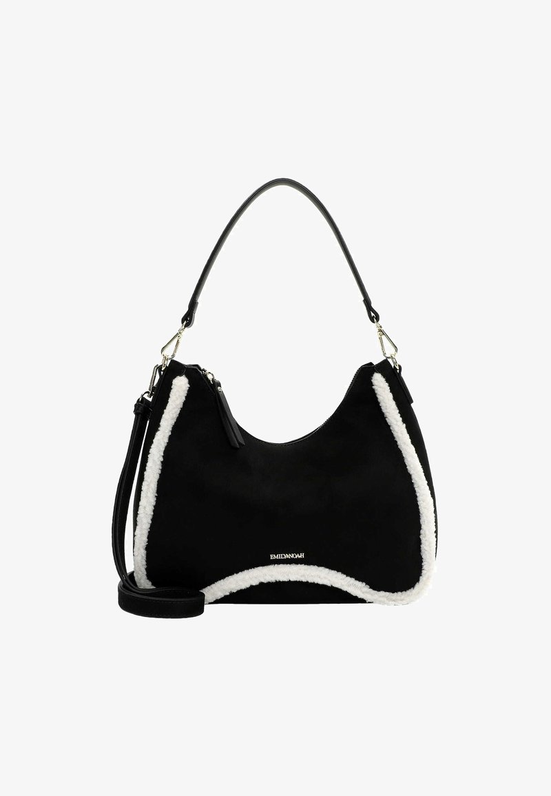 Borsa a mano in suede nero con rifiniture in shearling bianco, forma curva, manico superiore singolo, tracolla rimovibile e dettagli in tonalità argento.