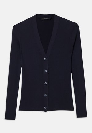 Cardigan bleu marine côtelé avec un col en V, des manches longues et une fermeture à six boutons. Texture douce avec une coupe ajustée.