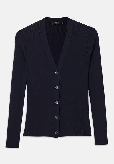 Navy ribbed cardigan featuring a V-neck, long sleeves, and six button closure. Soft texture with a fitted shape.