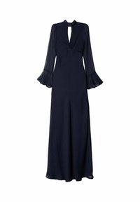 Largo vestido azul marino hecho de una tela liviana, con escote en forma de llave, mangas largas transparentes con puños acampanados y una silueta fluida.