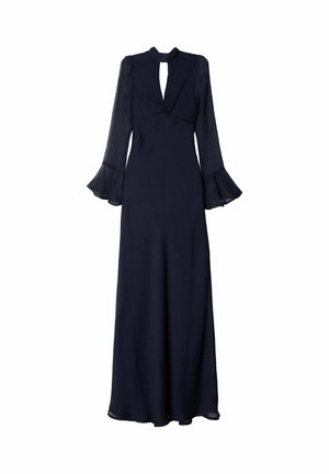 Largo vestido azul marino hecho de una tela liviana, con escote en forma de llave, mangas largas transparentes con puños acampanados y una silueta fluida.