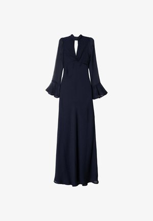 Robe longue marine en tissu léger, avec un décolleté en trou de serrure, de longues manches transparentes avec des poignets évasés, et une silhouette fluide.