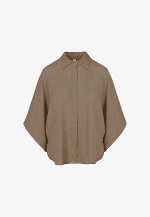 Locker sitzendes, beige Kurzarmhemd mit Knopfleiste, klassischem Kragen und abgerundetem Saum aus leichtem Stoff.