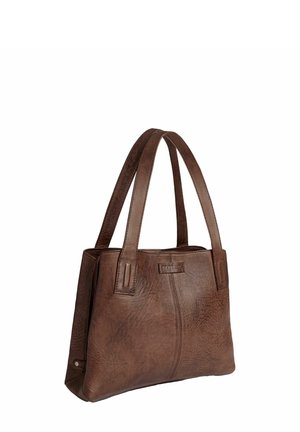 Sac fourre-tout en cuir brun avec deux poignées robustes, présentant une finition texturée et des détails de couture subtils sur les côtés et le bas.