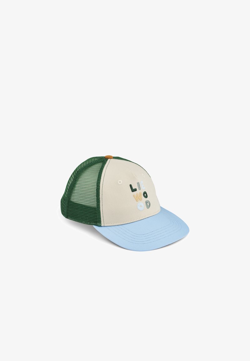 Casquette de camionneur avec un devant beige, un dos en mesh vert, et une visière bleue. Présente le texte brodé "LIE WOOD" en plusieurs couleurs.