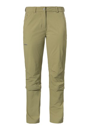 Helle olivgrüne Outdoor-Hosen aus leichtem, atmungsaktivem Material mit geradem Schnitt, verstellbarem Bund und Taschen mit Reißverschluss.