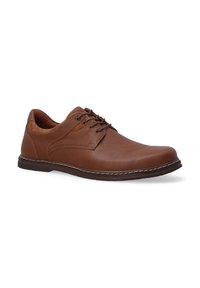 Bruine leren schoenen met een gladde textuur, vetersluiting en een ronde neus. Kenmerkt zich door contrasterende stiksels langs de zool.