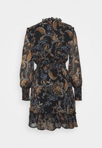 Svart klänning med långa ärmar, blommönster i orange och blått. Har fläktad krage, elastisk midja och volangkant. Genomskinligt tyg.