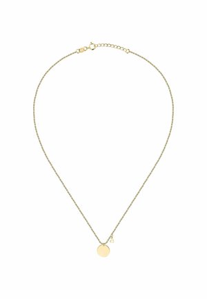 Delicate gouden ketting met een kleine ronde hanger en een kleine hartvormige bedel op een witte achtergrond.