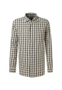 Langärmliges, knöpfbares Hemd im beigefarbenen und schwarzen Karomuster, mit einem klassischen Kragen und einem Stoff mit glatter Textur.