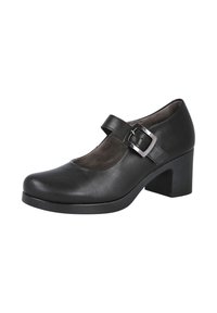 Zapato Mary Jane de cuero negro con puntera redondeada, tacón grueso de tamaño medio y correa ajustable con hebilla en el pie. Forro interior suave.