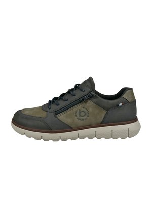 Herrensneaker aus einer Kombination von dunkelgrünem und grauem Leder, mit strukturierten Einsätzen, kontrastierender weißer Sohle und seitlichem Reißverschluss.