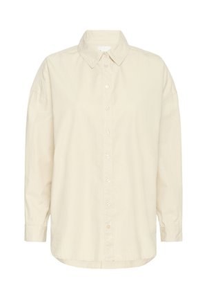 Helle beige Knopfleiste-Hemd aus weicher Baumwolle, mit Kragen, langen Ärmeln und geradem Saum in lockerer Passform.