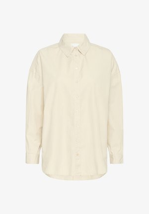 Helle beige Knopfleiste-Hemd aus weicher Baumwolle, mit Kragen, langen Ärmeln und geradem Saum in lockerer Passform.
