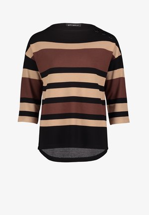 Haut en maille à manches longues avec rayures horizontales noires, marron et beige, col rond, détails de boutons sur l'épaule et ourlet arrondi.