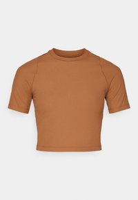 Short-sleeve, cropped, ribbed-knit top in warm brown with crew neckline and fitted silhouette on plain white background.