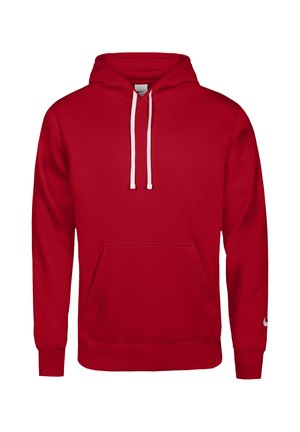 Schlichter roter Kapuzenpullover mit weißen Kordeln und Kängurutasche vorne, langen Ärmeln sowie gerippten Bündchen und Saum.