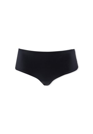 Culotte de bikini noire en tissu lisse et extensible. Design classique taille mi-haute avec une bonne couvrance et sans motifs ni accents visibles.