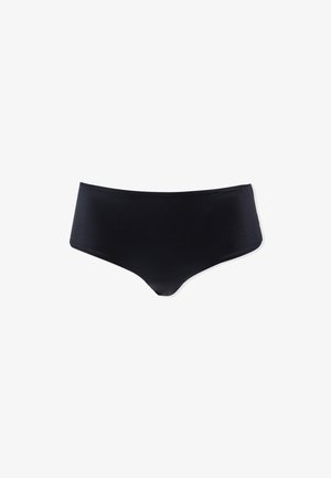 Culotte de bikini noire en tissu lisse et extensible. Design classique taille mi-haute avec une bonne couvrance et sans motifs ni accents visibles.