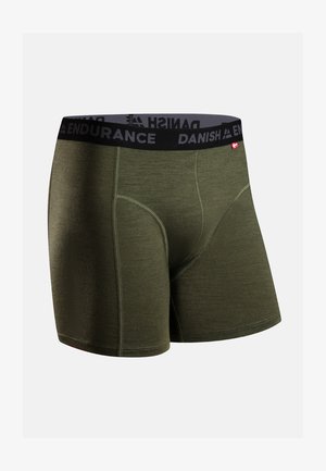 Tmavě zelené boxerky s černým elastickým pasem, na kterém je nápis "DANISH ENDURANCE". Vyrobeny z hladké, pružné tkaniny s plochými švy.