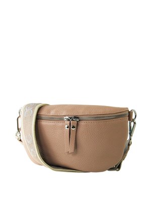 Taillentasche aus genarbtem Leder mit doppeltem Reißverschluss und verstellbarem beigen Stoffriemen mit weißem Schriftzug.