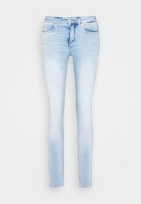 Světle modré skinny džíny vyrobené z denimu, s klasickým pětitečkovým designem, poutky na opasek a předním zipem s knoflíkovým zapínáním.