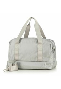 Sac de sport en tissu gris avec deux poignées supérieures, une bandoulière réglable, de forme rectangulaire et une poche zippée sur un côté.