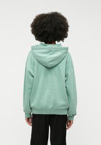 Lichtgroene capuchontrui met een ontspannen pasvorm, geribbelde boorden en onderrand, met een zachte textuur en zonder zichtbare labels of logo's.