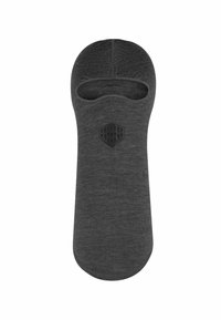 Gray balaclava made of soft fabric, featuring a rounded shape, open eye holes, and a breathable section with a hexagonal pattern.