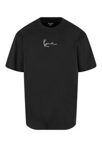 T-shirt noir à manches courtes et col rond avec un logo texte blanc en écriture cursive centré sur la poitrine.