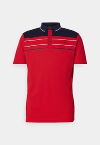 Červená polo košile s námořnickým límcem, tříknoflíkovou légou a horizontálními pruhy v bílé a námořnické. Bavlněný materiál, krátké rukávy.