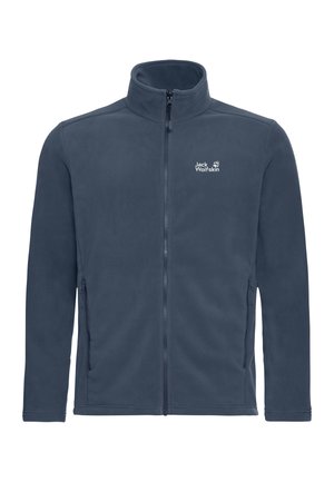 Fleece jacket in dark blue with a high collar, zippered front, and side pockets. Features white logo on the left chest.