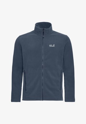 Fleece jacket in dark blue with a high collar, zippered front, and side pockets. Features white logo on the left chest.