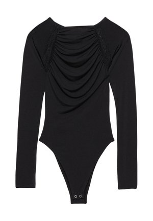 Body nero a maniche lunghe con scollo drappeggiato e dettagli in pizzo sulle spalle. Presenta una gamba alta e chiusura a pressione sul fondo.