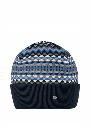 Gebreide wintermuts met blauwe, grijze, witte en zwarte geometrische patronen en een donkere omgeslagen geribbelde boord met een klein rond metalen logo.