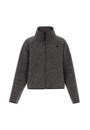 Grå fleecejakke med højt krave, frontlynlås og sorte detaljer. Har lange ærmer og et struktureret stof.