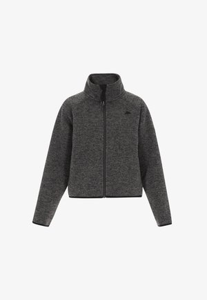 Siva flis jakna z visokim ovratnikom, sprednjim zadrgo in črnimi detajli. Ima dolge rokave in teksturirano tkanino.