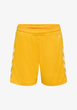 Gele sportieve shorts met een elastische tailleband, voorzien van witte diagonale strepen aan de zijkanten en een lichte, soepele stofstructuur.