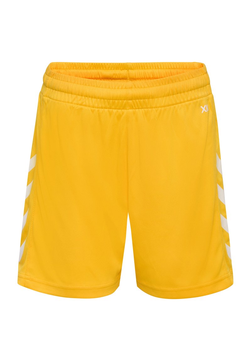Gula träningsshorts med elastisk midja, med vita diagonala ränder på sidorna och en mjuk, lätt tygtextur.