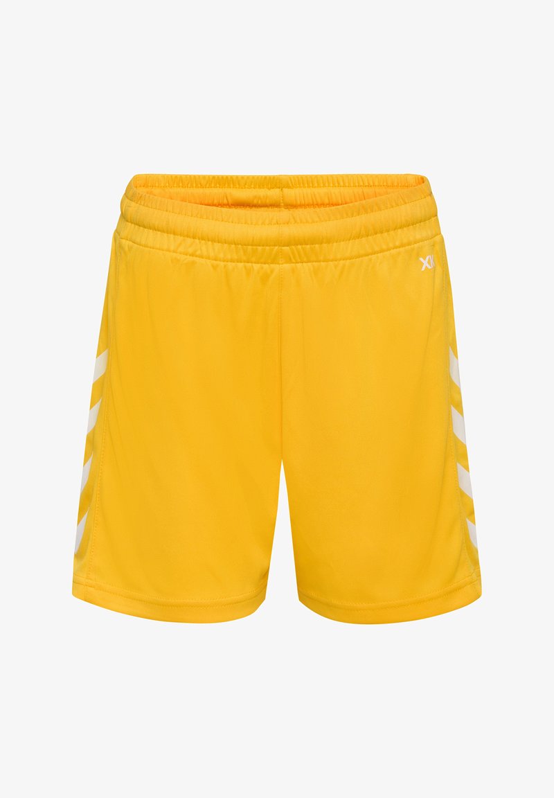 Gelbe Sportshorts mit einem elastischen Bund, ausgestattet mit weißen diagonalen Streifen an den Seiten und einem glatten, leichten Stofftextur.