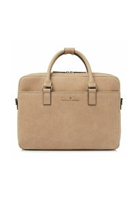 Tanfarbenes Leder-Laptop-Tasche mit zwei oberen Griffen, Reißverschluss und gebrandeter Front. Verfügt über eine glatte Textur und ein minimalistisches Design.