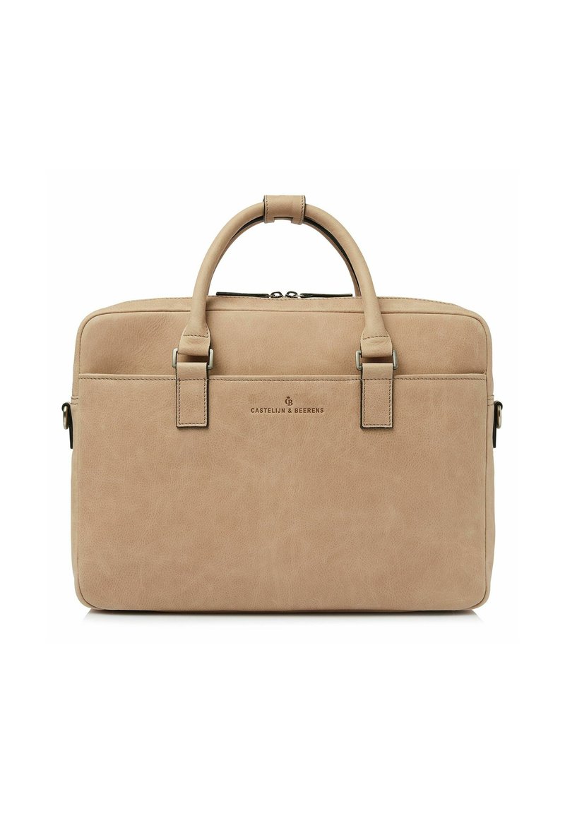 Tanfarbenes Leder-Laptop-Tasche mit zwei oberen Griffen, Reißverschluss und gebrandeter Front. Verfügt über eine glatte Textur und ein minimalistisches Design.