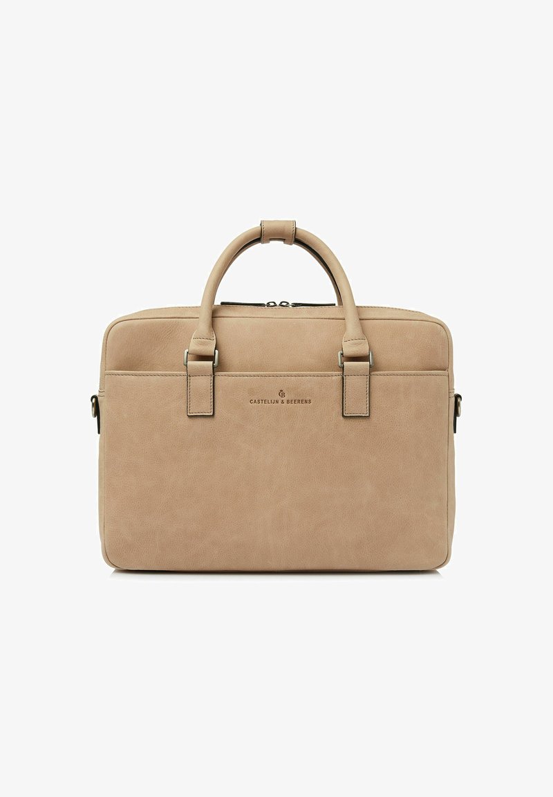 Tanfarbenes Leder-Laptop-Tasche mit zwei oberen Griffen, Reißverschluss und gebrandeter Front. Verfügt über eine glatte Textur und ein minimalistisches Design.