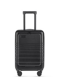 Black hard-shell luggage with a textured design, retractable handle, and four rolling wheels for easy maneuverability. Features a zipper closure.