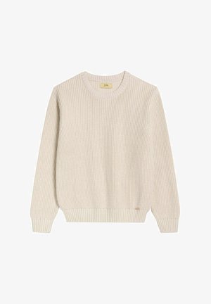 Sweter wełniany w kolorze kremowym, z długimi rękawami, ściągaczami przy mankietach, dekolcie i dolnej krawędzi, ułożony na płasko na białym tle.