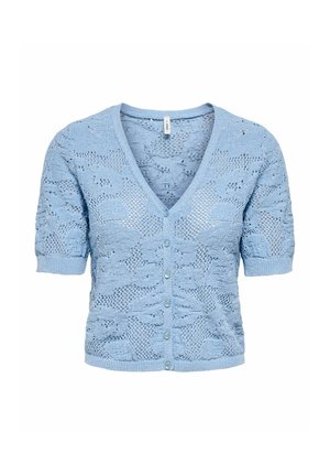 Lyseblå kortermet strikket cardigan med V-hals, blomstret blonde mønster og knappelukking foran.