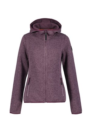 Purple fleece jacket with a full zipper, two side pockets, a hood, and a textured pattern. Features contrasting inner lining.