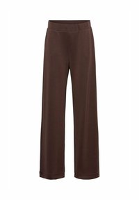 Bruine wijde broek gemaakt van zachte stof, met een elastische tailleband en een gladde textuur, met een eenvoudig ontwerp en geen zichtbare patronen.
