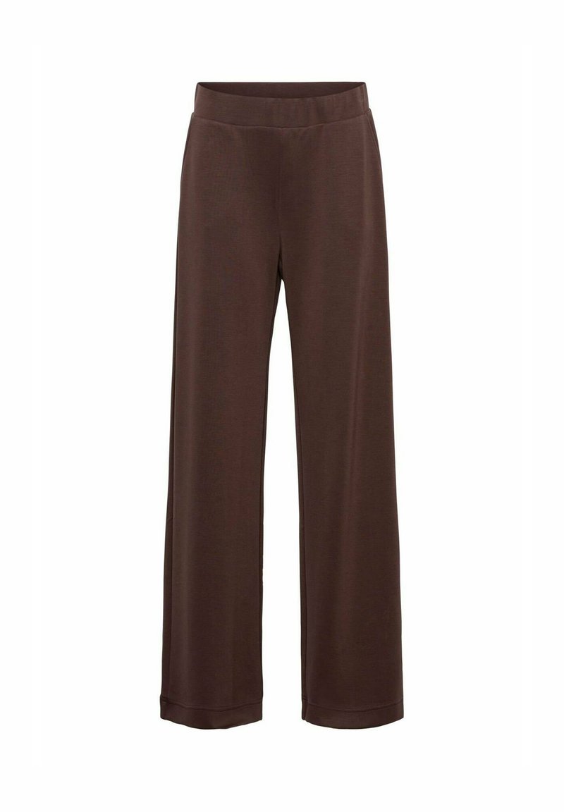 Bruine wijde broek gemaakt van zachte stof, met een elastische tailleband en een gladde textuur, met een eenvoudig ontwerp en geen zichtbare patronen.