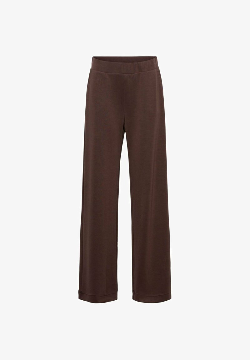 Bruine wijde broek gemaakt van zachte stof, met een elastische tailleband en een gladde textuur, met een eenvoudig ontwerp en geen zichtbare patronen.